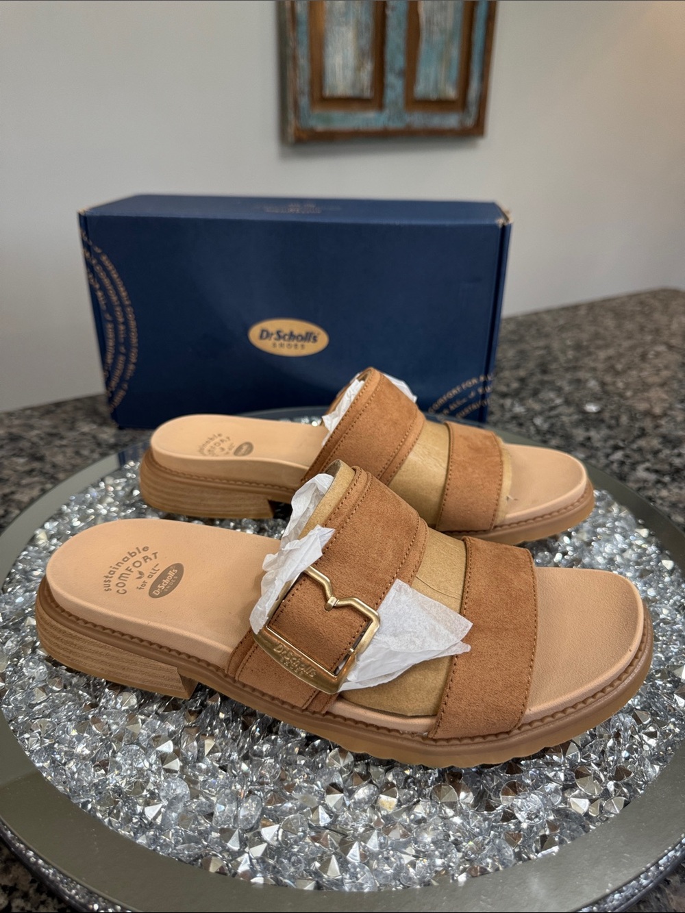 Dr. Scholl's honey Brown Tan Slide Sandals Gold Buckle contoured footbed NEW 9